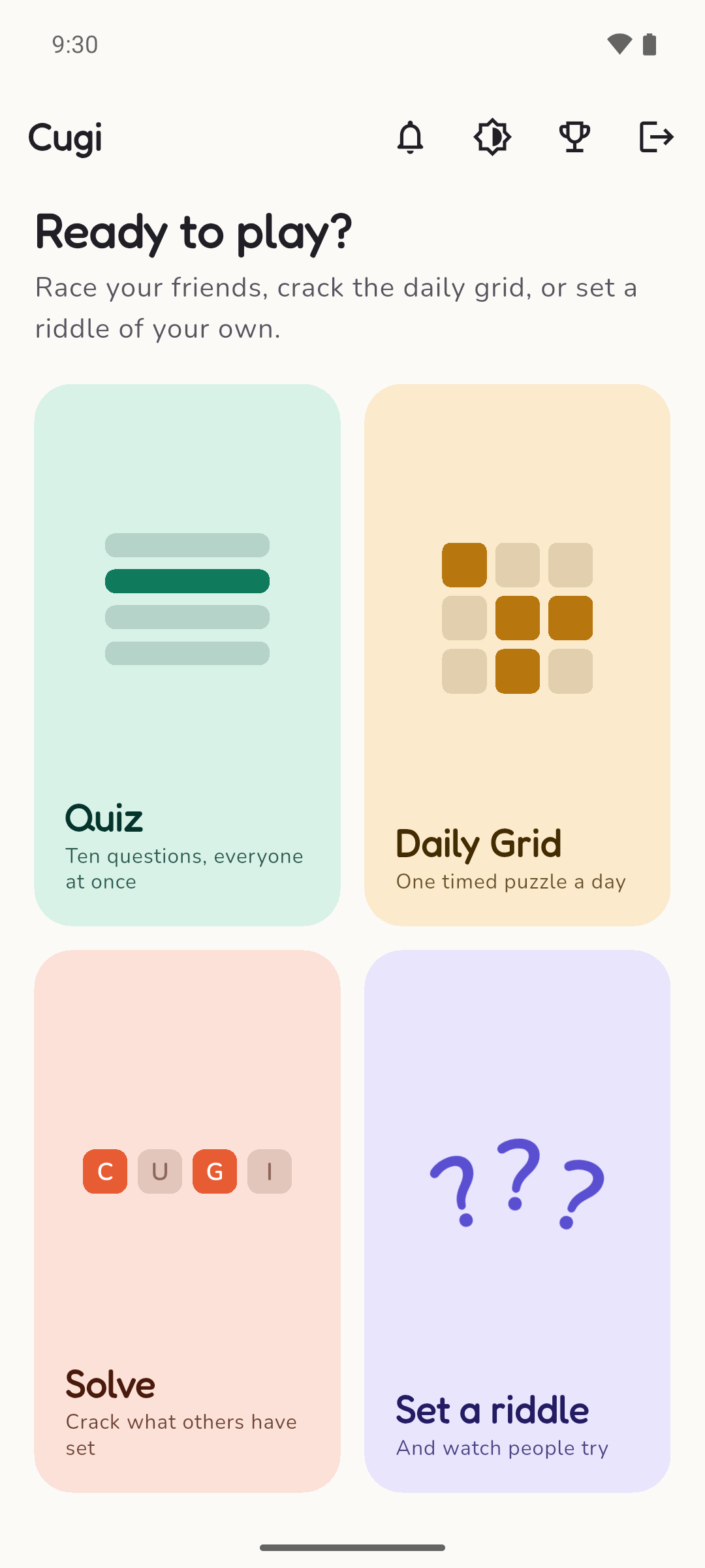 The home screen with four ways to play: Quiz, Daily Grid, Solve and Set a riddle
