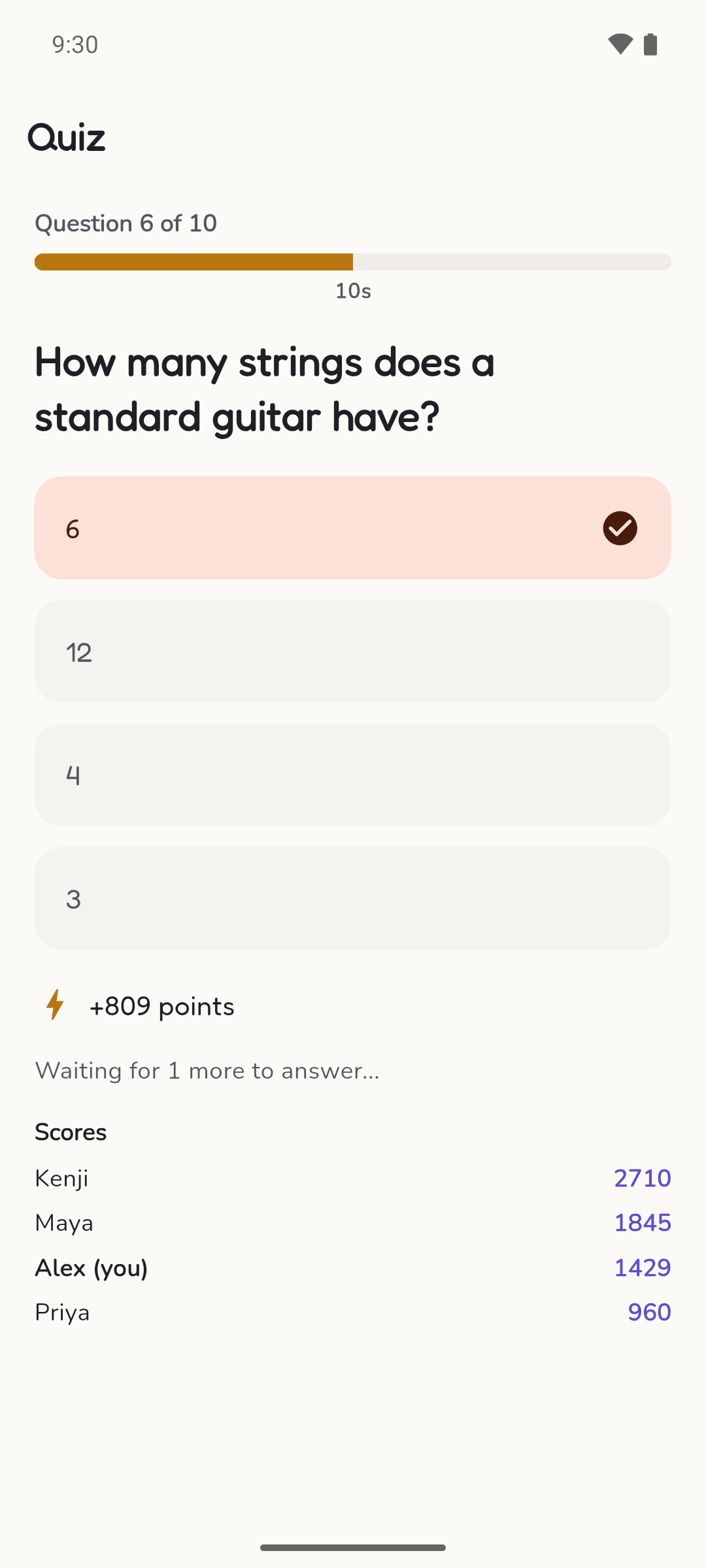 A live quiz question with the scores of everyone playing