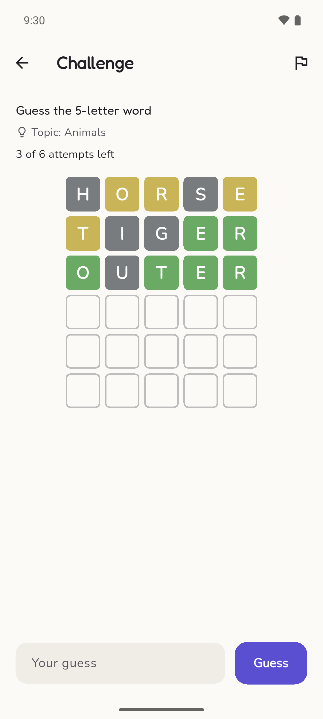 Guessing a secret word with coloured letter tiles